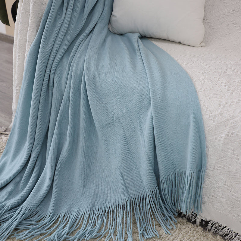 2X Acrylic Knitted Throw Blanket 130cmx220cm Fringed Sky Blue