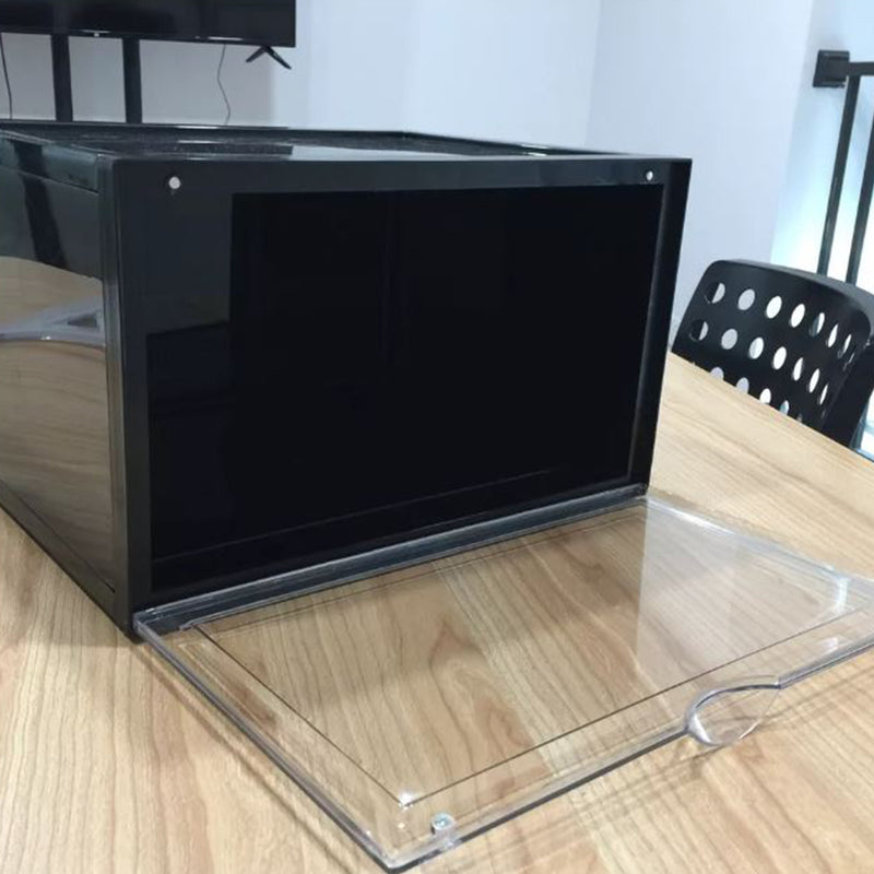 2 Tier Black Plastic Shoe Organizer Folding Stackable Box with Magnetic Door