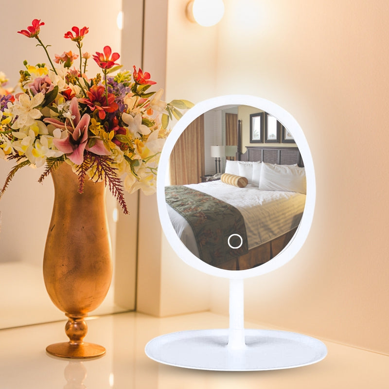 2X 26cm White Oval Led Tabletop Vanity Mirror Tricolor Dimming Usb Powered