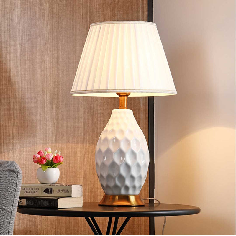 2X Textured Ceramic Oval Table Lamps Gold Metal Base White Drum Shade 55cm