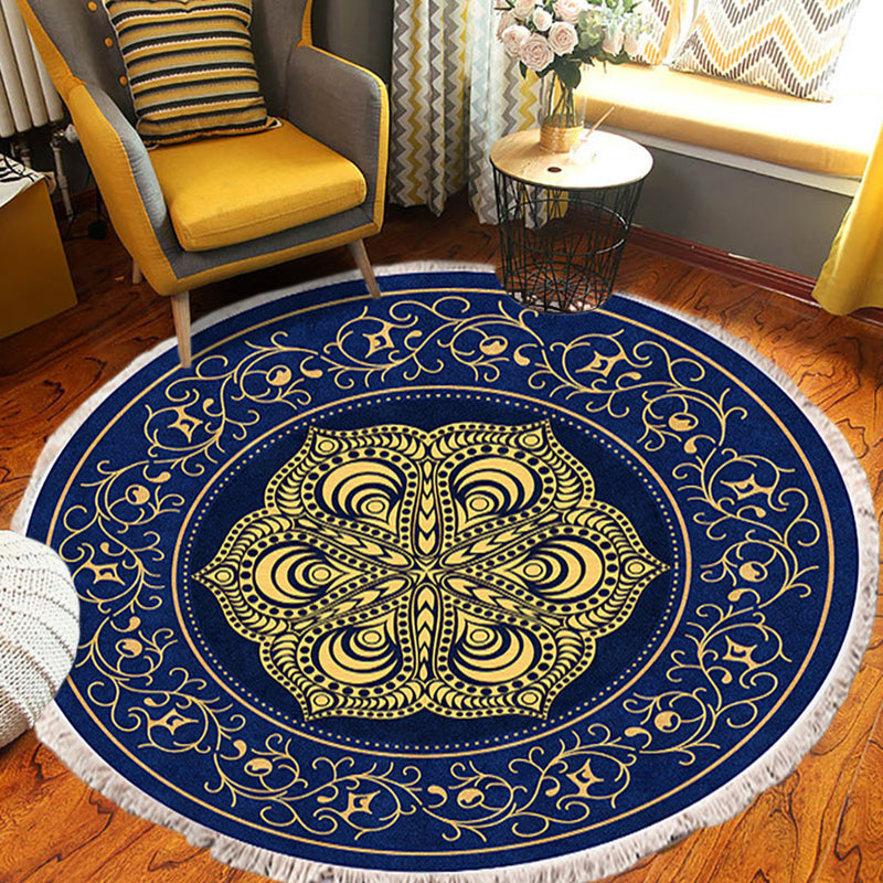 2X 90cm Round Polyester Area Rug Mandala Turquoise Grey Anti Slip Backing