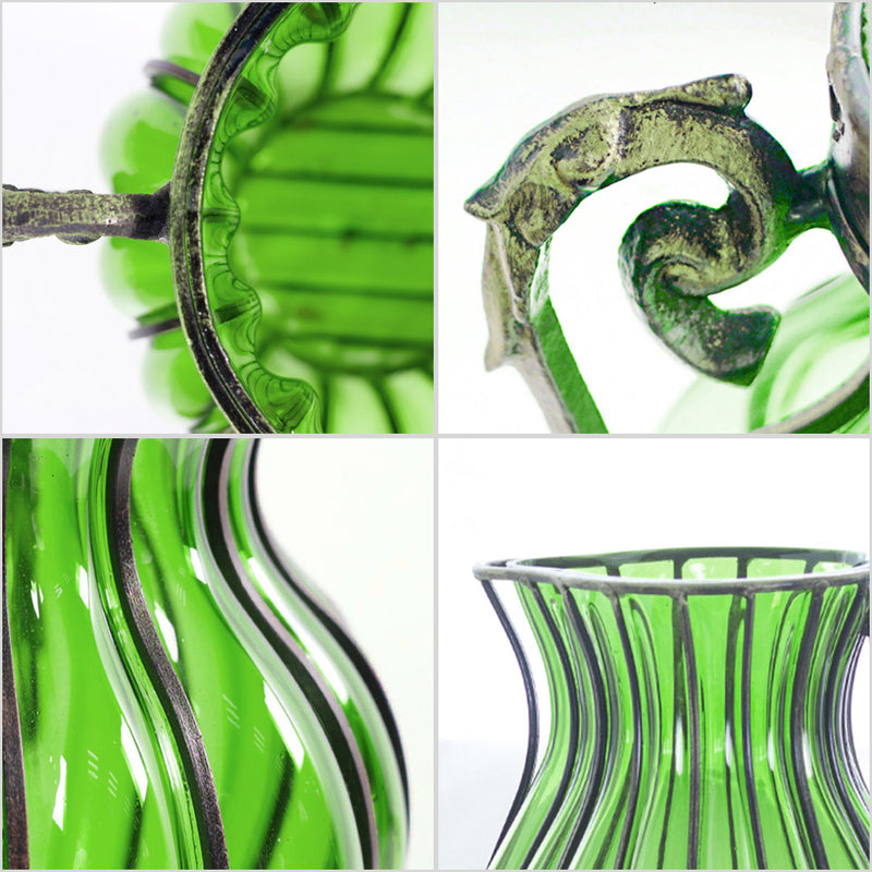 Green Glass And Gold Metal Vase 16x29cm 4 Bunch 9 Heads Silk Roses 50cm