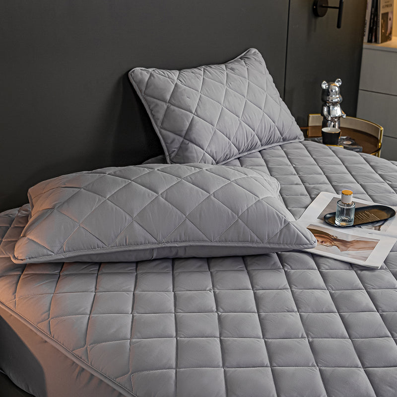 Grey Polyester Quilted Mattress Cover 203cm With 2 Pillow Covers Dust Protection