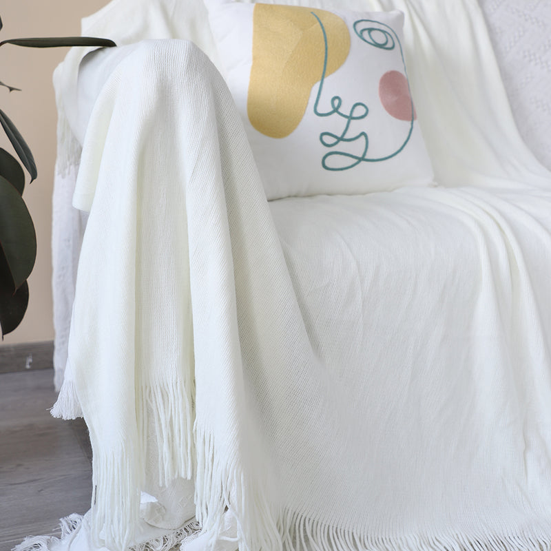 White Acrylic Throw Blanket 130x220cm Fringed Cozy Knitted Cover Home Decor