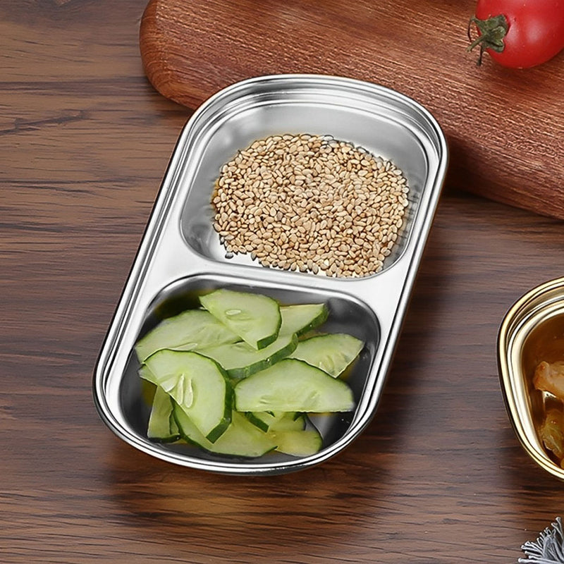 15cm Stainless Steel Divided Sauce Dish Two Compartments Silver Set Of 4