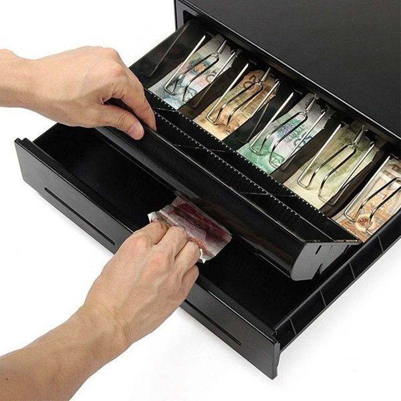 2X Removable Metal Cash Tray 4 Bills 8 Coins Lockable Lid Keys 355mm Black