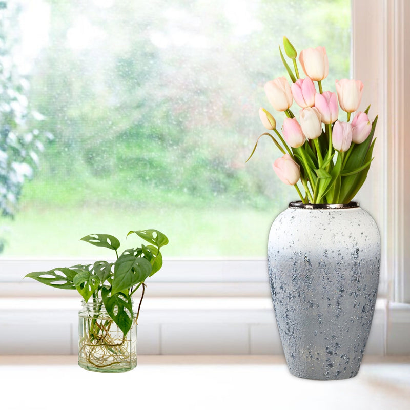 Medium White Grey Ceramic Flower Vase Elegant Home Decor 30x19cm Handcrafted