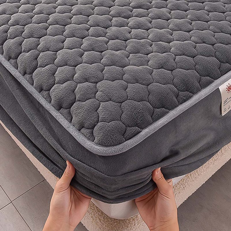 2X Grey 138cm Mattress Cover Quilted Fleece Stretch Protector Pillow Covers