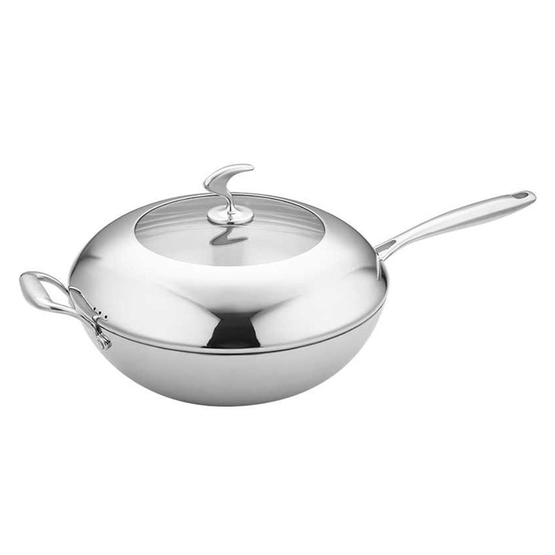Stainless Steel Fry Pan 32cm Non Stick Skillet Helper Handle Lid Induction Safe