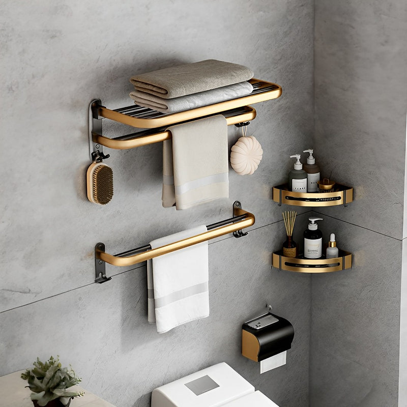 2X 62cm Wall Mounted Double Pole Aluminum Towel Rack Black Gold With Hooks