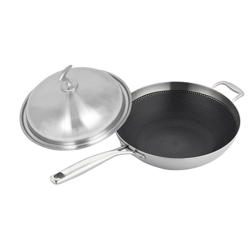 2X 34cm Stainless Steel Fry Pan Textured Nonstick Interior Helper Handle Lid