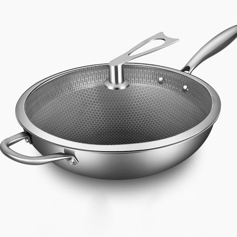 2X 34cm Tri Ply 304 Stainless Fry Pan Textured Nonstick Helper Handle Glass Lid