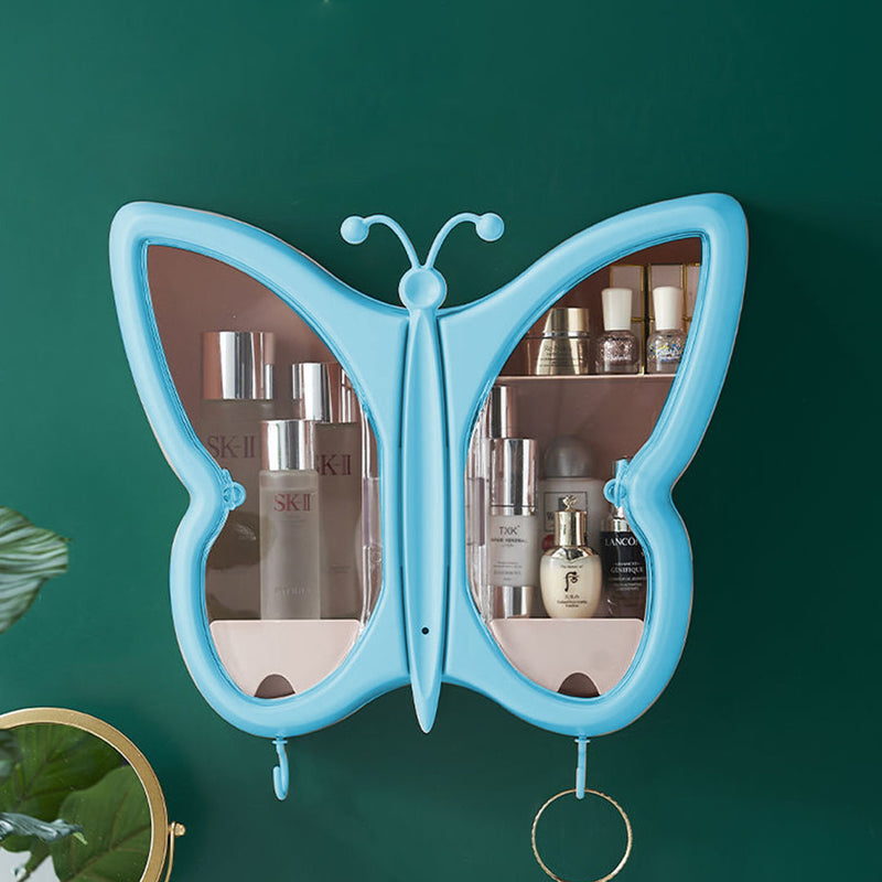 2X Blue Butterfly Wall Mounted Plastic Makeup Organizer Waterproof Dustproof