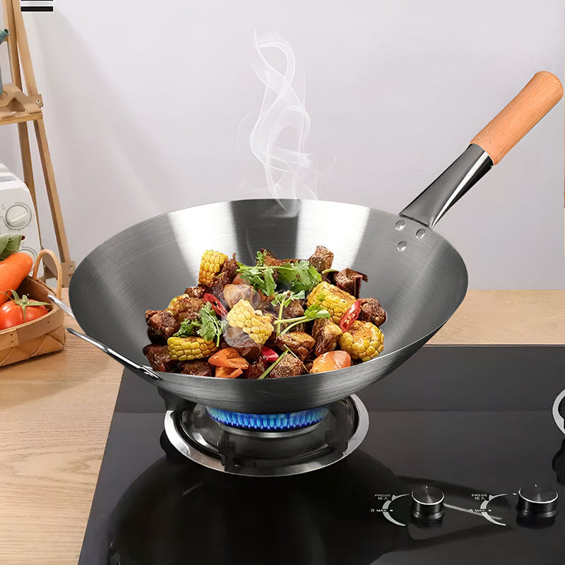 Stainless Steel Cooking Wok 43cm with Wood Handle Home Commercial Use