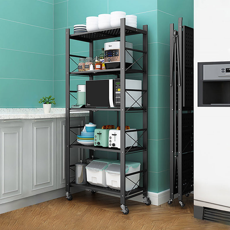 2X 5 Tier Carbon Steel Black Foldable Display Stand With Wheels For Storage