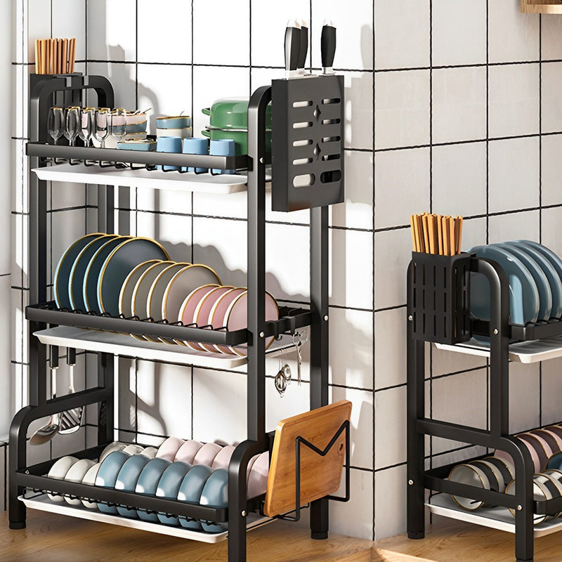 2X 3 Tier 62cm Black Carbon Steel Countertop Dish Rack Cutlery Board Holders
