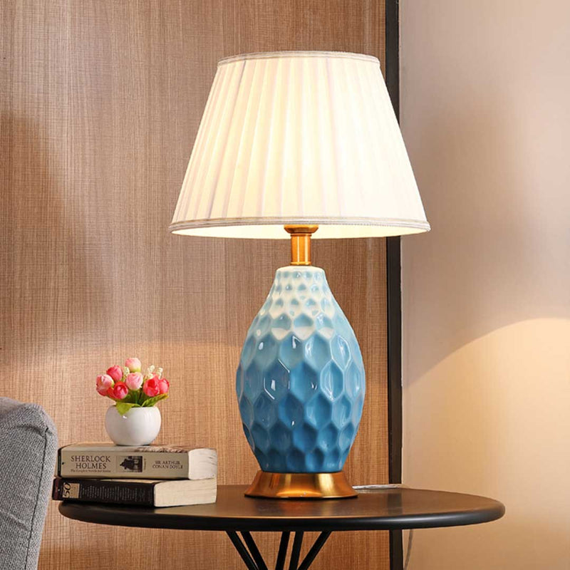 4X Textured Ceramic Oval Table Lamps Gold Metal Base Fabric Drum Shade Blue 55cm