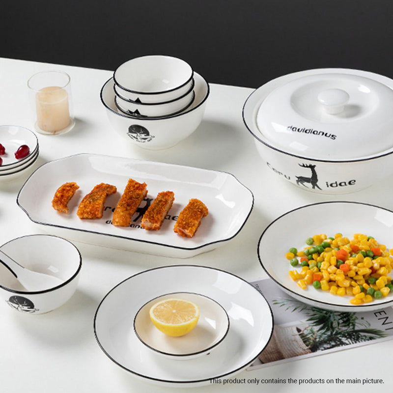 White Ceramic Dinnerware Set of 28 Bowls Plates Antler Design Stackable Eco-Friendly