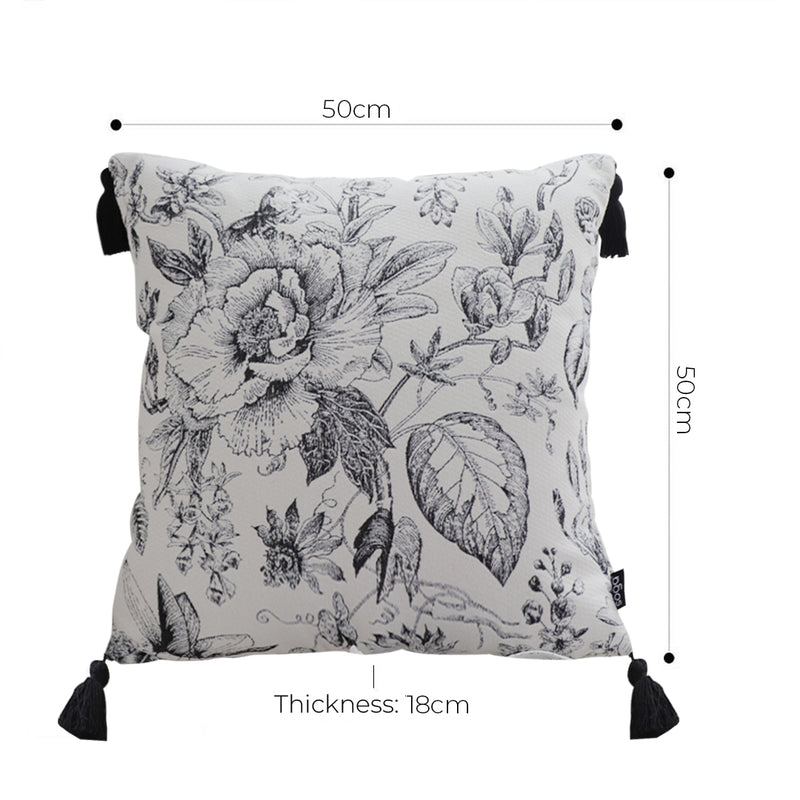 Throw Pillow 50x50x18cm Polyester Cotton Black And White Floral Tassels