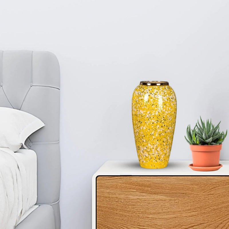 Large Ceramic Flower Vase Yellow with White Floral Design Elegant Home Decor