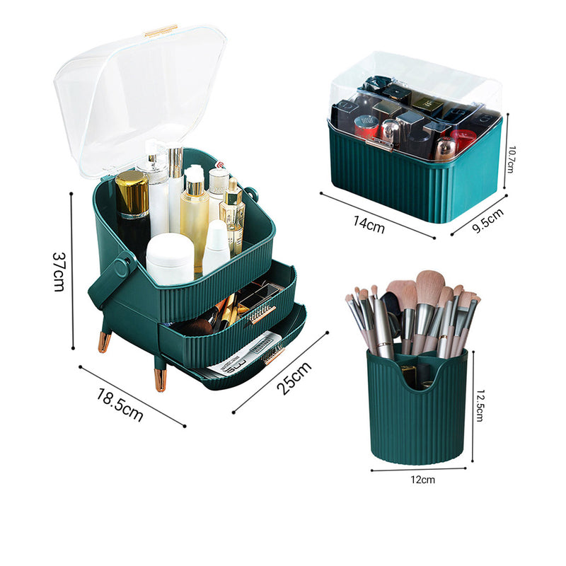 Green Plastic Makeup Organizer 25x18.5x37cm Lid Brush Lipstick Jewelry Holder