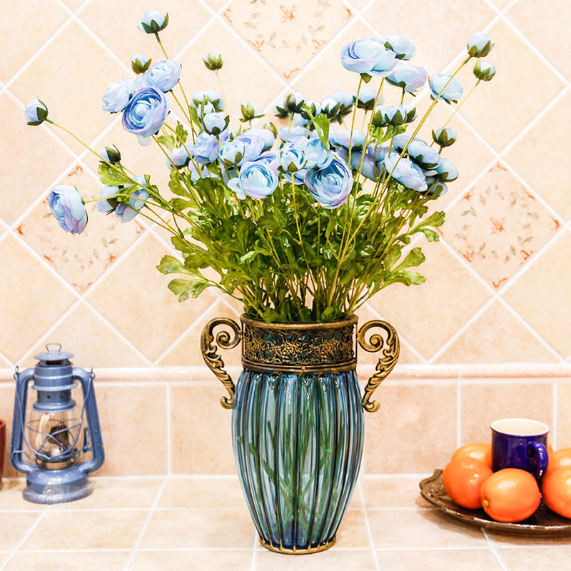 Blue Glass Flower Vase Two Gold Metal Handles 12x14x27cm European Decor
