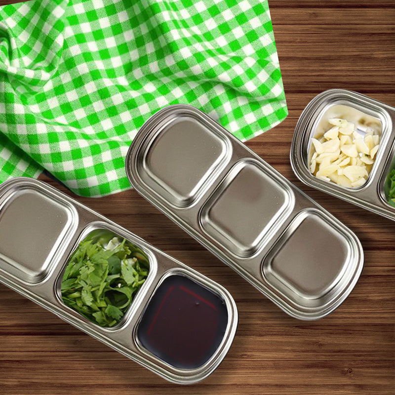 3 Compartment Stainless Steel 20.5cm Divided Sauce Dish Silver 4 Pieces