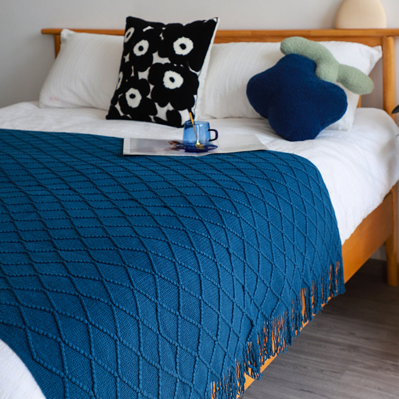 Royal Blue Acrylic Knitted Throw Blanket 130cmx230cm Diamond Jacquard Tassels