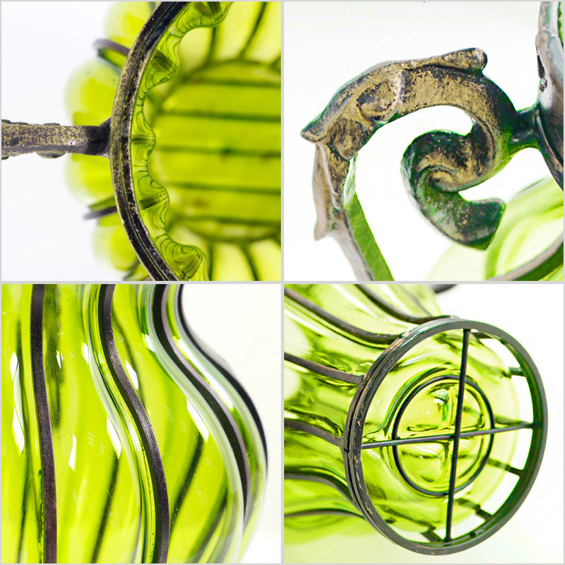 Green Glass Vase Gold Metal 16cm X 20cm X 35cm 4 Bunch 9 Heads Silk Roses