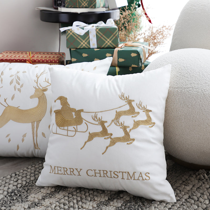 2X 45cm White Throw Pillow Plush Square Holiday Festive Sleigh Design Decor