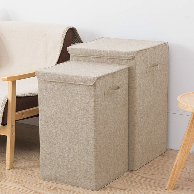 2X Beige Large Collapsible Laundry Hamper Canvas Lid Handles 40x40x63cm