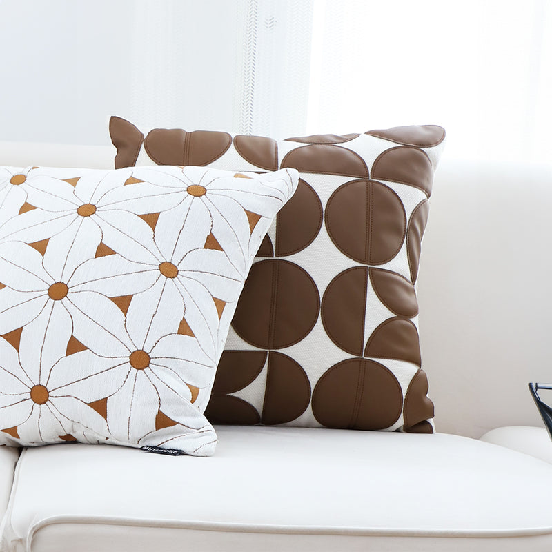 Brown Leather Square Pillow 45cm Half Moon Patchwork Decorative Cushion