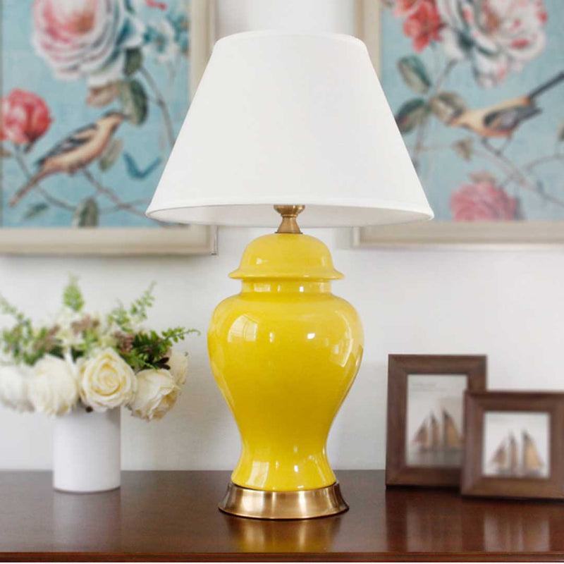 4X Oval Ceramic Table Lamp Gold Metal Base Yellow Drum Shade 17x38x60cm