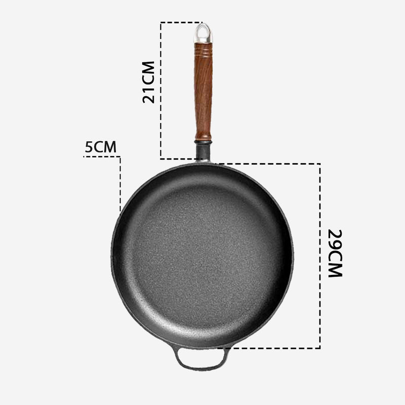 29cm Round Cast Iron Skillet Preseasoned Non Stick Wood Handle Induction Ready