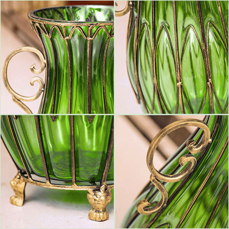 51cm Tall Green Glass Floor Vase Gold Metal Accents 12pcs Artificial Flowers