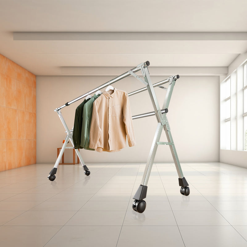 2X Portable Stainless Steel Clothes Drying Rack 240x140x50cm 3 Poles Wheels