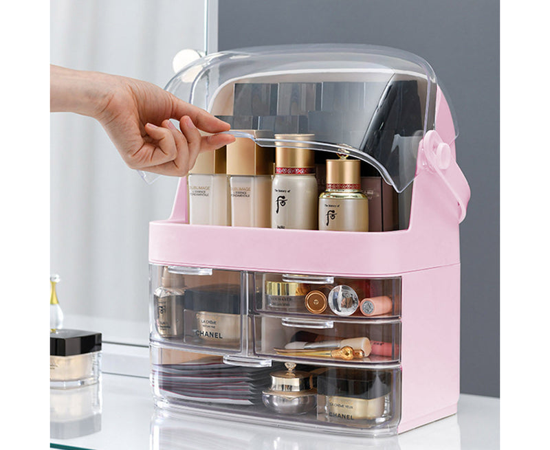 2X 3 Tier ABS Plastic Countertop Makeup Organizer Dustproof Lid Handle Pink