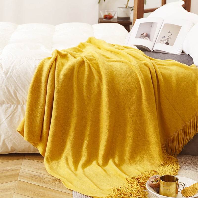 Yellow Acrylic Knitted Throw Blanket 130cmx220cm Fringed Cozy Decor