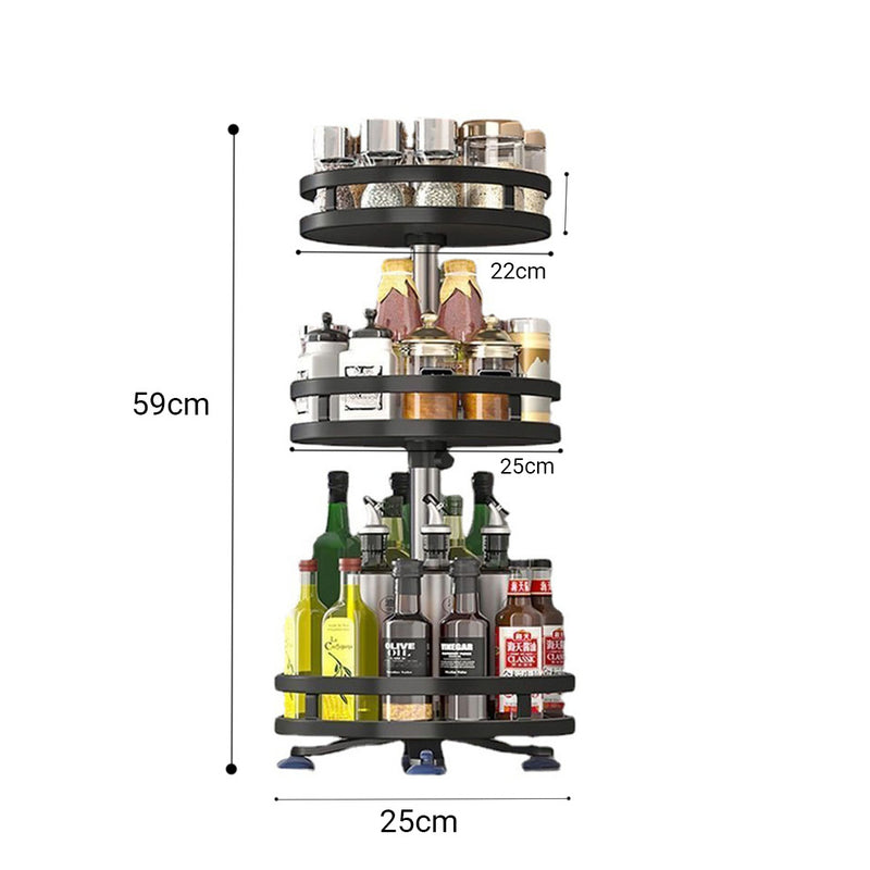3 Tier Round Rotating Kitchen Spice Rack Carbon Steel 25x25x59cm Black