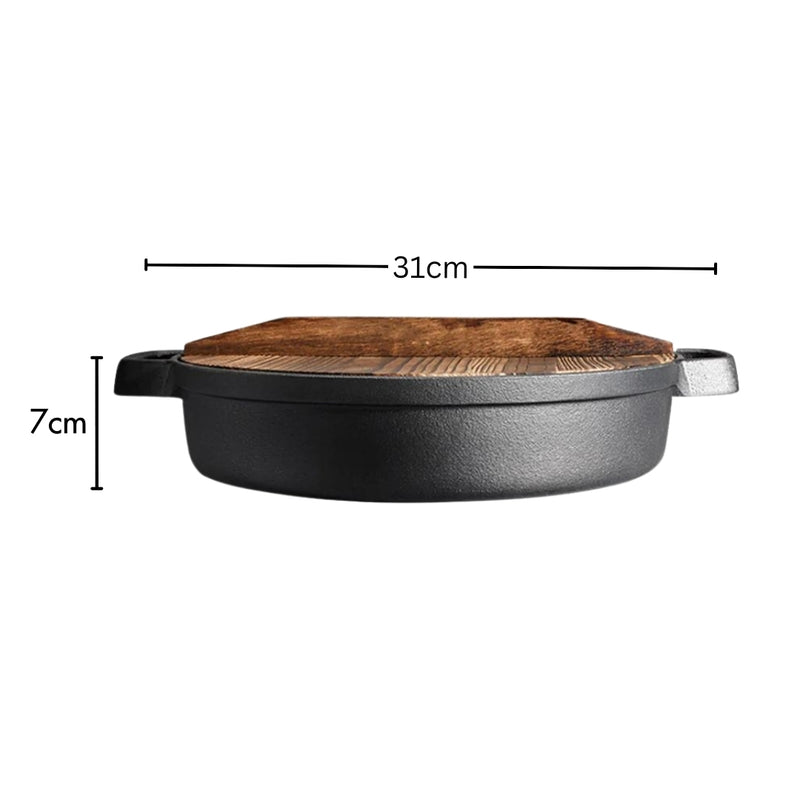 31cm Round Cast Iron Skillet Deep Pan with Wooden Lid Non-Stick Black