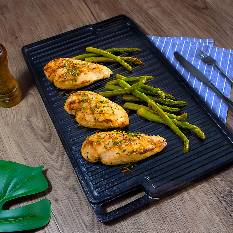 2X 45cm Rectangular Cast Iron Griddle Pan Pre Seasoned Black With Handle