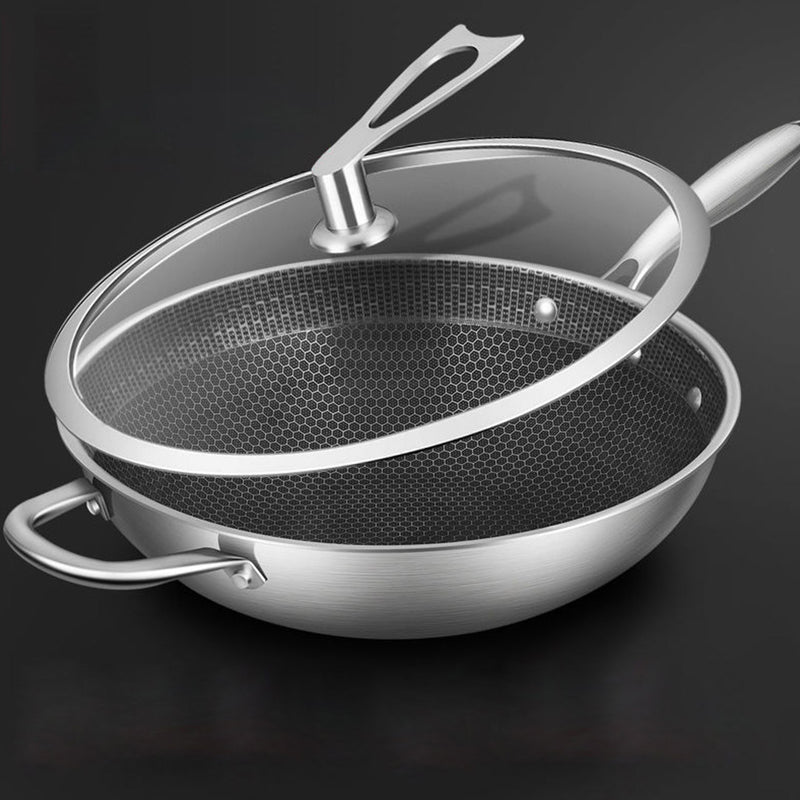 2X 34cm Tri Ply 304 Stainless Fry Pan Textured Nonstick Helper Handle Glass Lid