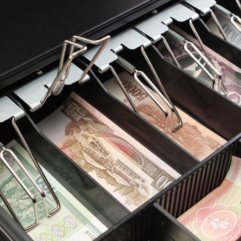 2X Removable Metal Cash Tray 4 Bills 8 Coins Lockable Lid Keys 355mm Black