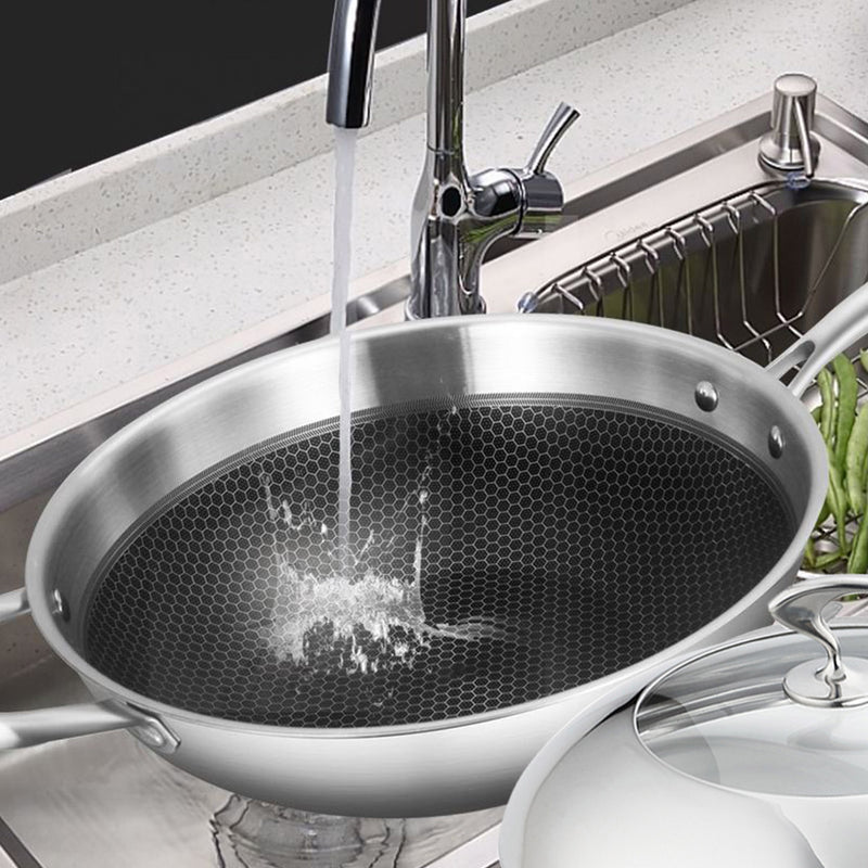 2X Stainless Steel Non Stick Fry Pan 32cm Skillet with Glass Lid Induction Safe