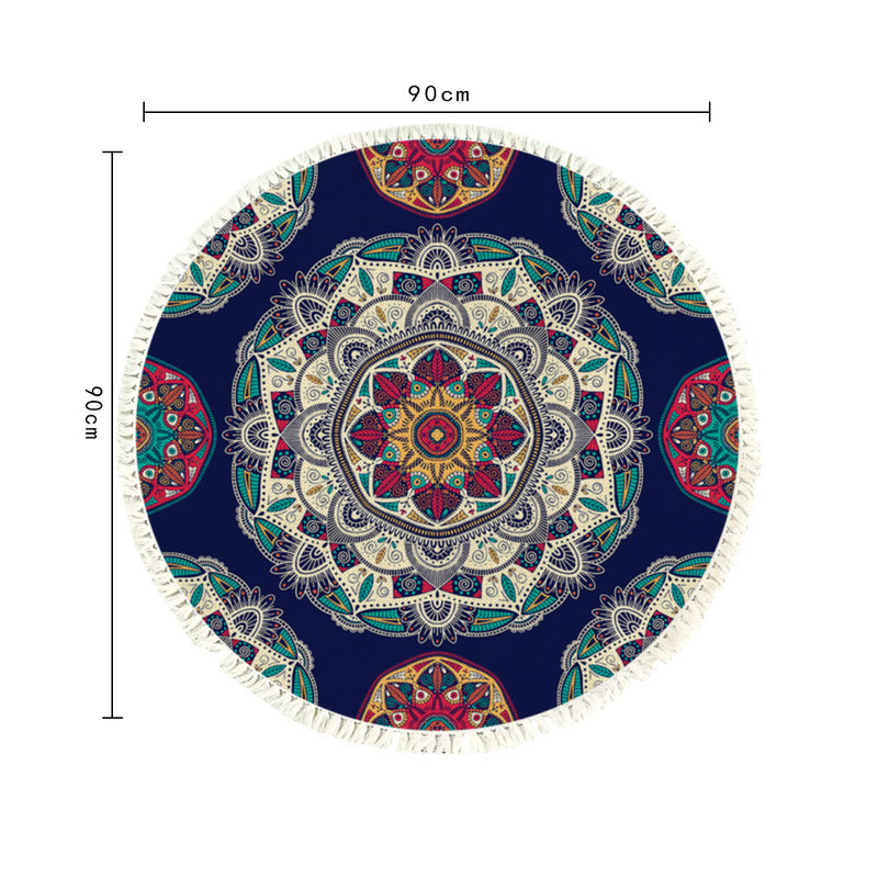 90cm Round Mandala Area Rug Polyester Non Slip Backing Blue