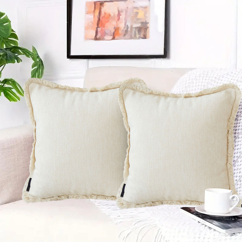 2X 45cm Square Velvet Chenille Tassel Throw Pillow Cream