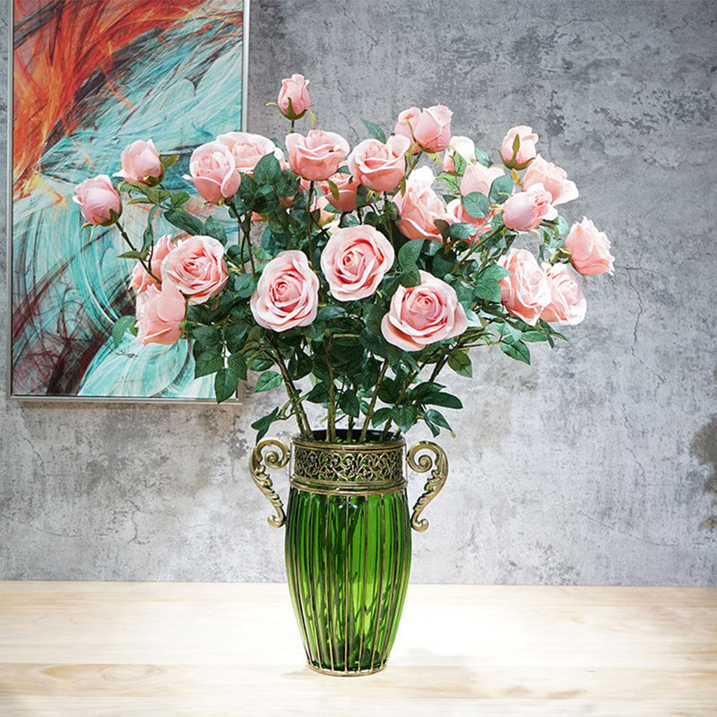 Green Glass Vase with 8 Bunch 5 Heads Silk Rose Flower Home Decor 12x14x27cm