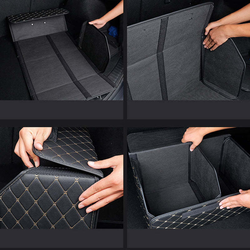 Car Boot Organizer Leather Non Woven 30x30x30cm Collapsible Black Gold Stitch