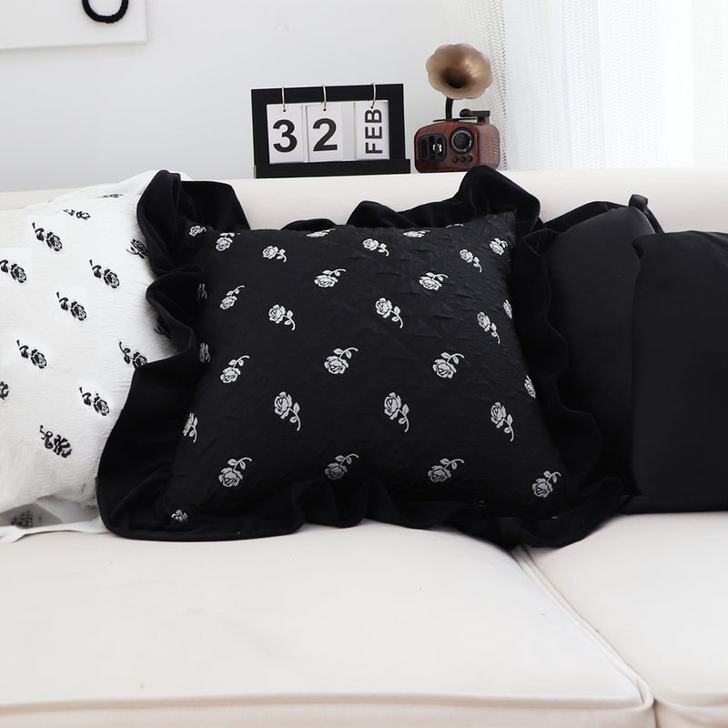2X 45cm Black Ruffled Square Decorative Pillow Polyester for Sofa Bed Chair