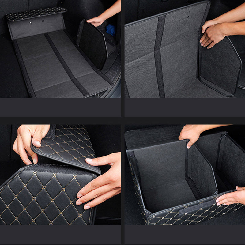 2X Leather Car Boot Organizer 40x30x30cm Collapsible Black Gold Stitch